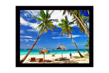 Inramad Canvastavla i trä - 41x56 cm - Tropisk strand med palmer och solstolar - Blå / Grön / Beige - Inredning - Tavlor & posters - Canvastavla