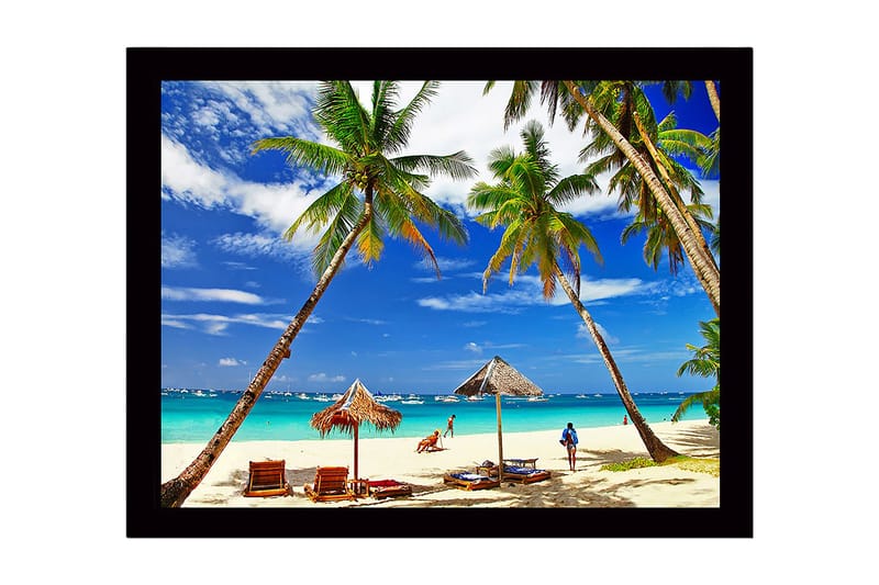 Inramad Canvastavla i trä - 41x56 cm - Tropisk strand med palmer och solstolar, Blå / Grön / Beige