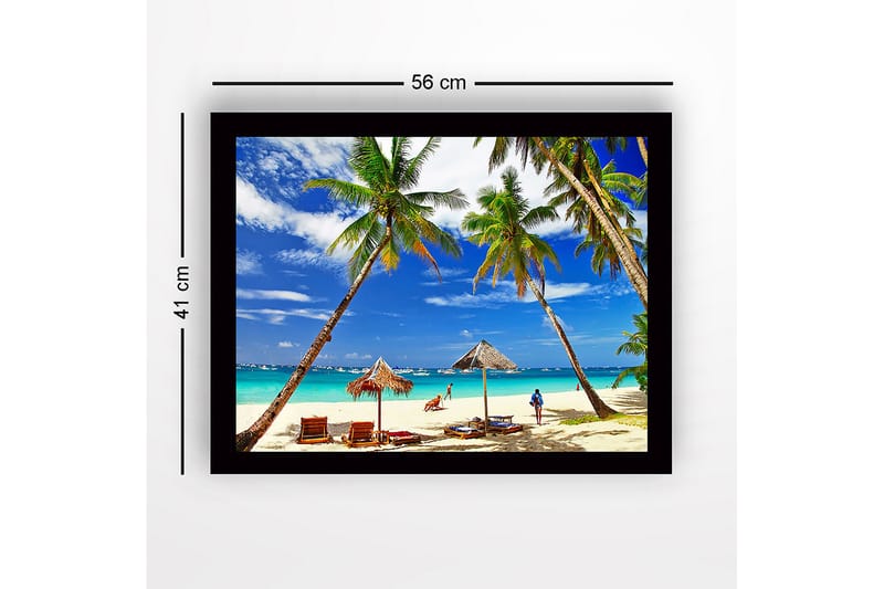 Inramad Canvastavla i trä - 41x56 cm - Tropisk strand med palmer och solstolar - Blå / Grön / Beige - Inredning - Tavlor & posters - Canvastavla