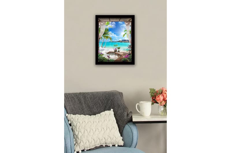 Inramad Canvastavla i trä - 41x56 cm - Tropisk utsikt med palmer och klarblått hav - Turkos / Grön / Lila - Inredning - Tavlor & posters - Canvastavla