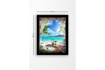 Inramad Canvastavla i trä - 41x56 cm - Tropisk utsikt med palmer och klarblått hav - Turkos / Grön / Lila - Inredning - Tavlor & posters - Canvastavla