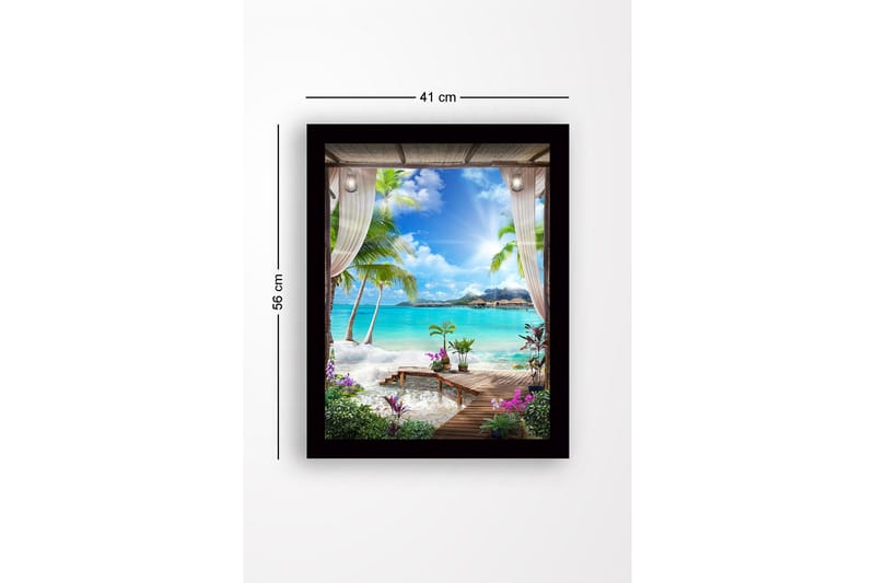 Inramad Canvastavla i trä - 41x56 cm - Tropisk utsikt med palmer och klarblått hav - Turkos / Grön / Lila - Inredning - Tavlor & posters - Canvastavla