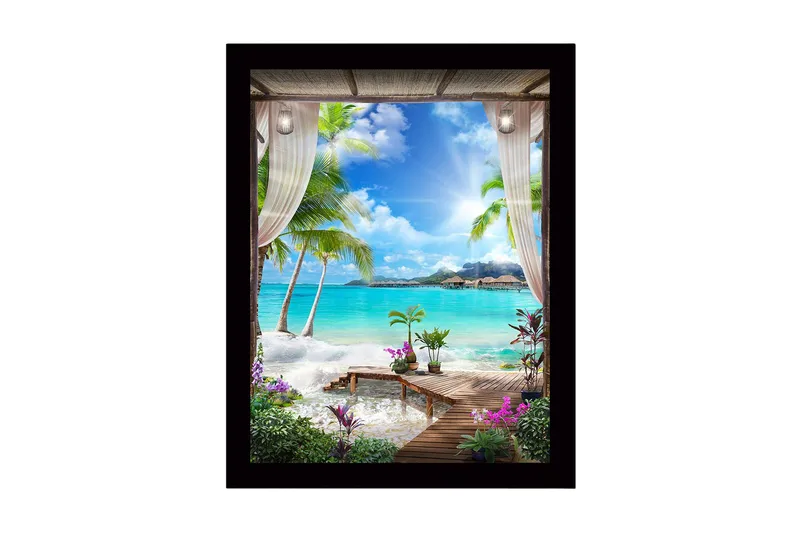 Inramad Canvastavla i trä - 41x56 cm - Tropisk utsikt med palmer och klarblått hav, Turkos / Grön / Lila