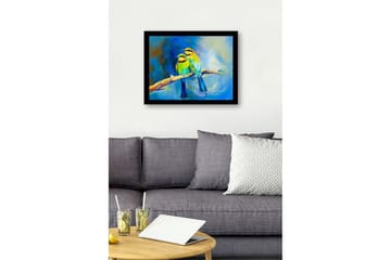 Inramad Canvastavla i trä - 41x56 cm - Två färgglada fåglar på en gren - Grön / Blå / Gul - Inredning - Tavlor & posters - Canvastavla