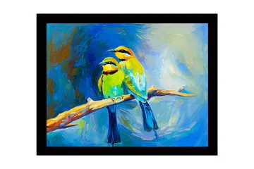 Inramad Canvastavla i trä - 41x56 cm - Två färgglada fåglar på en gren - Grön / Blå / Gul - Inredning - Tavlor & posters - Canvastavla