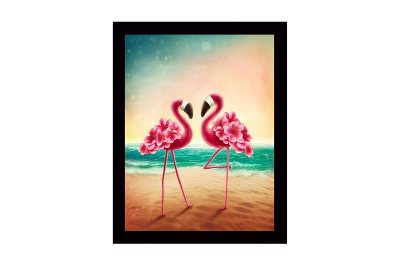 Inramad Canvastavla i trä - 41x56 cm - Två flamingos med blomsterdetaljer som står nära varandra vid havet, Rosa / Turkos / Beige