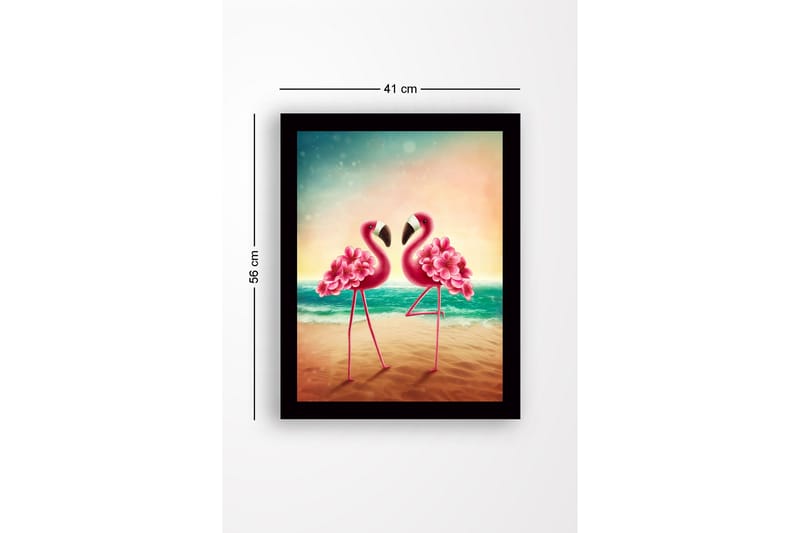 Inramad Canvastavla i trä - 41x56 cm - Två flamingos med blomsterdetaljer som står nära varandra vid havet - Rosa / Turkos / Beige - Inredning - Tavlor & posters - Canvastavla