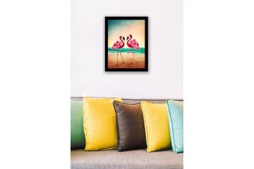Inramad Canvastavla i trä - 41x56 cm - Två flamingos med blomsterdetaljer som står nära varandra vid havet - Rosa / Turkos / Beige - Inredning - Tavlor & posters - Canvastavla
