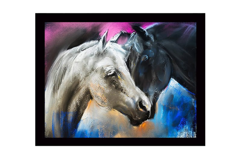 Inramad Canvastavla i trä - 41x56 cm - Två hästar i kontrasterande färger, en vit och en svart, som möts i en dynamisk komposition, Vit / Svart / Blå