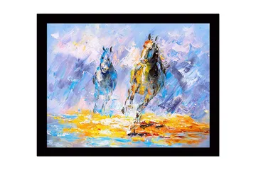 Inramad Canvastavla i trä - 41x56 cm - Två hästar som galopperar framåt i en färgstark och dynamisk komposition - Blå / Orange / Vit - Inredning - Tavlor & posters - Canvastavla