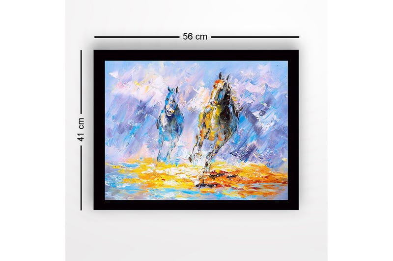 Inramad Canvastavla i trä - 41x56 cm - Två hästar som galopperar framåt i en färgstark och dynamisk komposition - Blå / Orange / Vit - Inredning - Tavlor & posters - Canvastavla