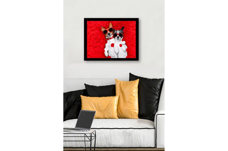 Inramad Canvastavla i trä - 41x56 cm - Två hundar i solglasögon omgivna av röda rosblad - Röd / Svart / Vit - Inredning - Tavlor & posters - Canvastavla