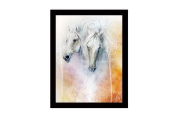 Inramad Canvastavla i trä - 41x56 cm - Två majestätiska hästar med mjuka drag och en drömlik bakgrund - Vit / Ljusgrå / Orange - Inredning - Tavlor & posters - Canvastavla