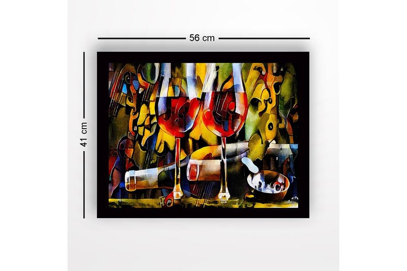 Inramad Canvastavla i trä - 41x56 cm - Två vinglas med röd vin och en flaska i en livlig komposition - Röd / Gul / Grön - Inredning - Tavlor & posters - Canvastavla