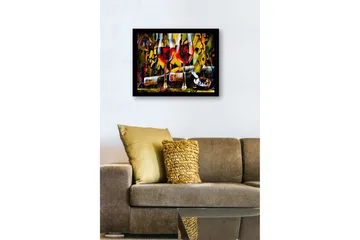 Inramad Canvastavla i trä - 41x56 cm - Två vinglas med röd vin och en flaska i en livlig komposition - Röd / Gul / Grön - Inredning - Tavlor & posters - Canvastavla