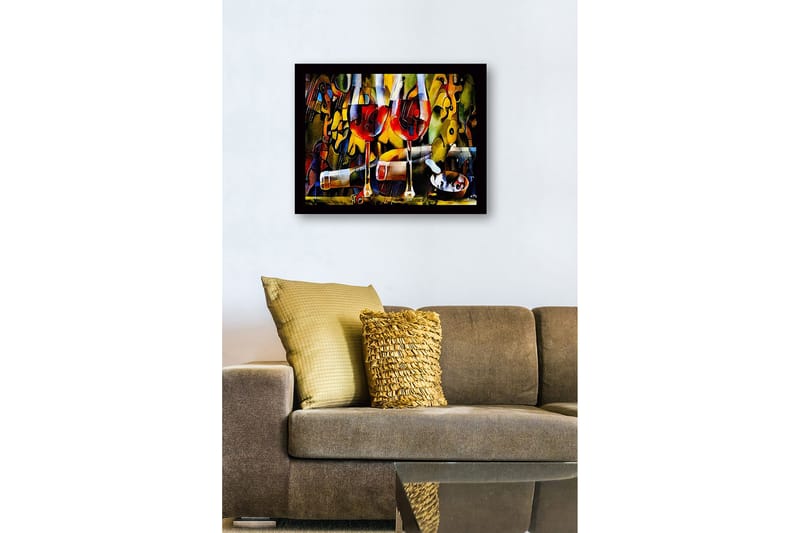 Inramad Canvastavla i trä - 41x56 cm - Två vinglas med röd vin och en flaska i en livlig komposition - Röd / Gul / Grön - Inredning - Tavlor & posters - Canvastavla
