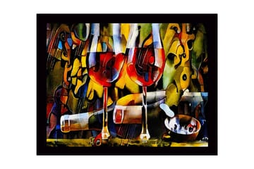 Inramad Canvastavla i trä - 41x56 cm - Två vinglas med röd vin och en flaska i en livlig komposition - Röd / Gul / Grön - Inredning - Tavlor & posters - Canvastavla