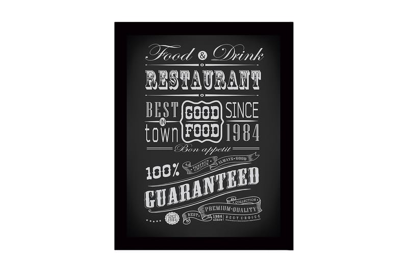 Inramad Canvastavla i trä - 41x56 cm - Typografisk affisch med restaurangtema, Svart / Vit