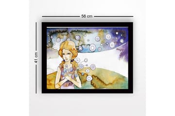 Inramad Canvastavla i trä - 41x56 cm - Ung kvinna med blommor i händerna och svävande cirklar runtomkring - Ljusblå / Beige / Lila - Inredning - Tavlor & posters - Canvastavla