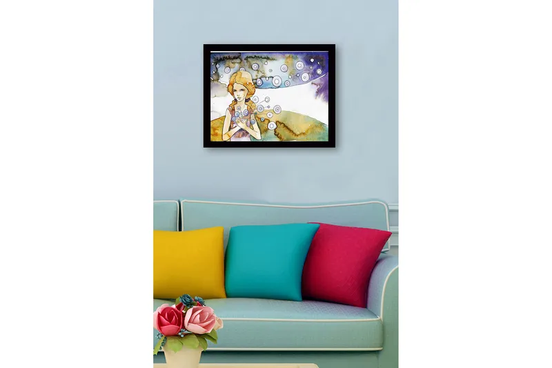 Inramad Canvastavla i trä - 41x56 cm - Ung kvinna med blommor i händerna och svävande cirklar runtomkring - Ljusblå / Beige / Lila - Inredning - Tavlor & posters - Canvastavla