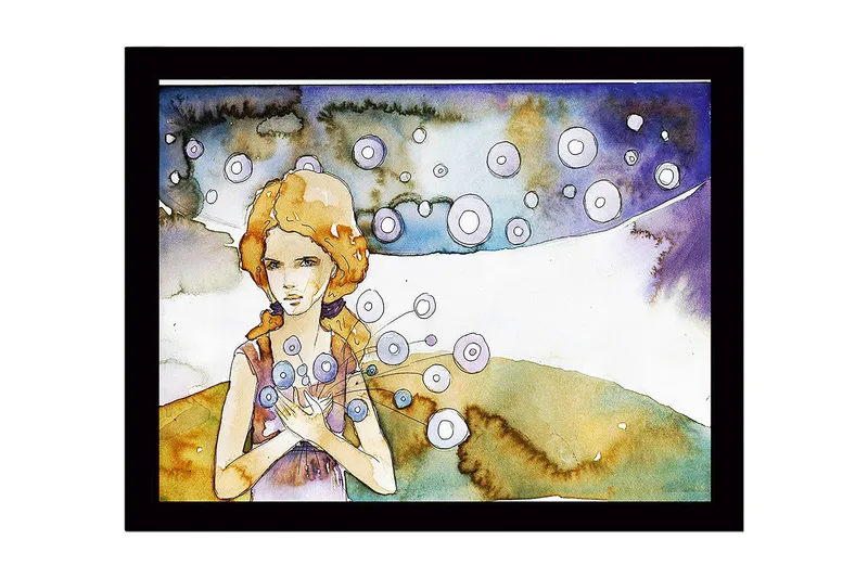 Inramad Canvastavla i trä - 41x56 cm - Ung kvinna med blommor i händerna och svävande cirklar runtomkring, Ljusblå / Beige / Lila