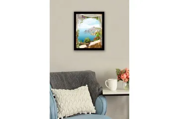 Inramad Canvastavla i trä - 41x56 cm - Utsikt över en kuststad med blommor i förgrunden - Blå / Grön / Rosa - Inredning - Tavlor & posters - Canvastavla