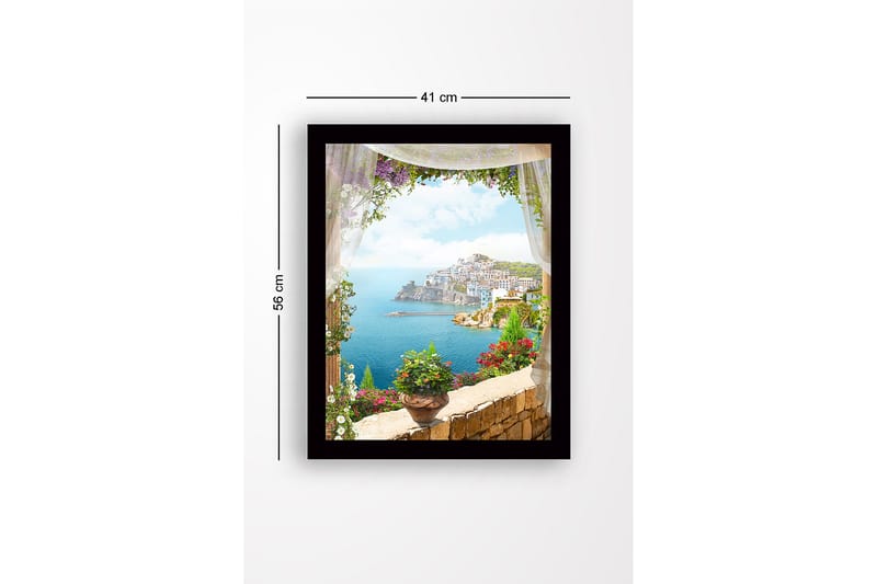 Inramad Canvastavla i trä - 41x56 cm - Utsikt över en kuststad med blommor i förgrunden - Blå / Grön / Rosa - Inredning - Tavlor & posters - Canvastavla