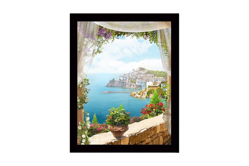 Inramad Canvastavla i trä - 41x56 cm - Utsikt över en kuststad med blommor i förgrunden, Blå / Grön / Rosa