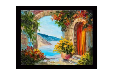 Inramad Canvastavla i trä - 41x56 cm - Utsikt genom en stenbåge med blommor och hav i bakgrunden - Grön / Blå / Orange - Inredning - Tavlor & posters - Canvastavla