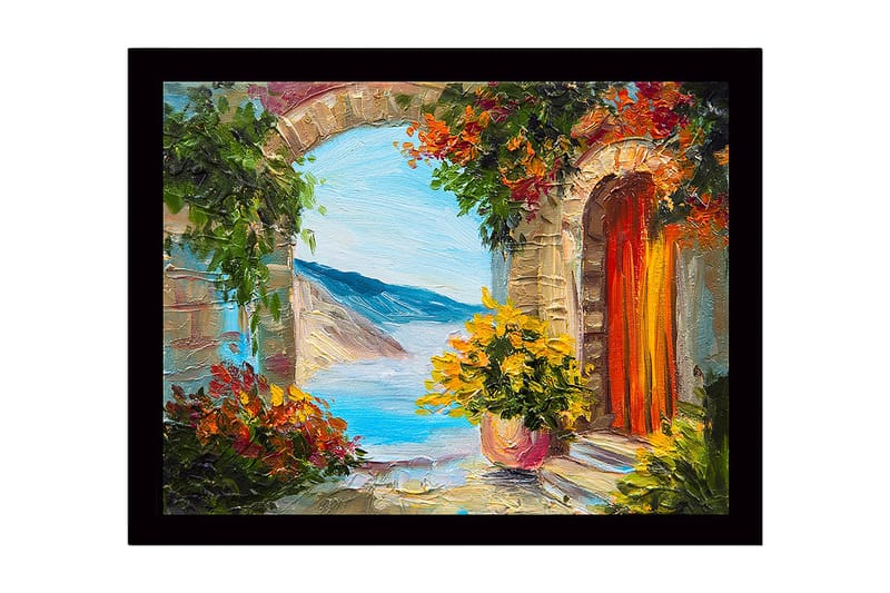 Inramad Canvastavla i trä - 41x56 cm - Utsikt genom en stenbåge med blommor och hav i bakgrunden - Grön / Blå / Orange - Inredning - Tavlor & posters - Canvastavla