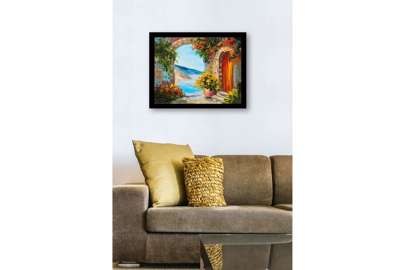 Inramad Canvastavla i trä - 41x56 cm - Utsikt genom en stenbåge med blommor och hav i bakgrunden - Grön / Blå / Orange - Inredning - Tavlor & posters - Canvastavla