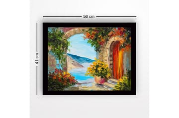Inramad Canvastavla i trä - 41x56 cm - Utsikt genom en stenbåge med blommor och hav i bakgrunden - Grön / Blå / Orange - Inredning - Tavlor & posters - Canvastavla