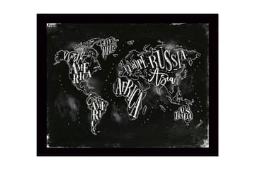 Inramad Canvastavla i trä - 41x56 cm - Världskarta med handskrivna namn på kontinenter och länder - Svart / Vit - Inredning - Tavlor & posters - Canvastavla