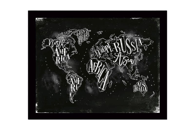 Inramad Canvastavla i trä - 41x56 cm - Världskarta med handskrivna namn på kontinenter och länder, Svart / Vit