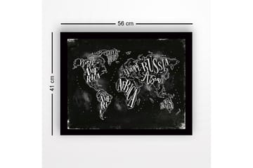 Inramad Canvastavla i trä - 41x56 cm - Världskarta med handskrivna namn på kontinenter och länder - Svart / Vit - Inredning - Tavlor & posters - Canvastavla