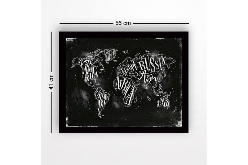 Inramad Canvastavla i trä - 41x56 cm - Världskarta med handskrivna namn på kontinenter och länder - Svart / Vit - Inredning - Tavlor & posters - Canvastavla