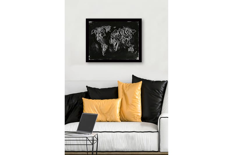 Inramad Canvastavla i trä - 41x56 cm - Världskarta med handskrivna namn på kontinenter och länder - Svart / Vit - Inredning - Tavlor & posters - Canvastavla