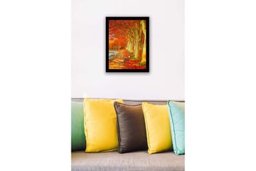 Inramad Canvastavla i trä - 41x56 cm - Vacker allé med höstfärgade träd och en bänk längs en promenadväg - Orange / Guld / Grön - Inredning - Tavlor & posters - Canvastavla