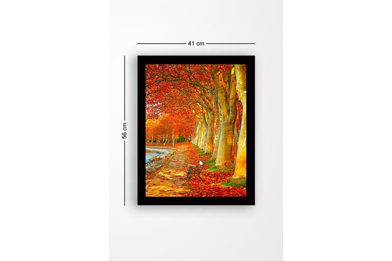 Inramad Canvastavla i trä - 41x56 cm - Vacker allé med höstfärgade träd och en bänk längs en promenadväg - Orange / Guld / Grön - Inredning - Tavlor & posters - Canvastavla
