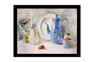 Inramad Canvastavla i trä - 41x56 cm - Vacker dukning med en blå kanna och bakverk - Blå / Vit / Grön - Inredning - Tavlor & posters - Canvastavla