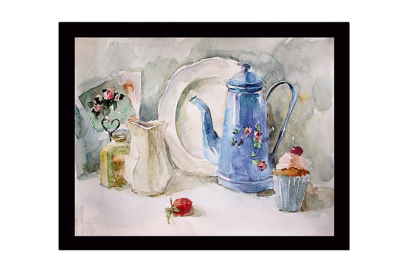 Inramad Canvastavla i trä - 41x56 cm - Vacker dukning med en blå kanna och bakverk - Blå / Vit / Grön - Inredning - Tavlor & posters - Canvastavla