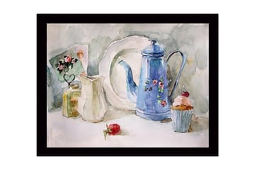 Inramad Canvastavla i trä - 41x56 cm - Vacker dukning med en blå kanna och bakverk - Blå / Vit / Grön - Inredning - Tavlor & posters - Canvastavla