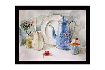 Inramad Canvastavla i trä - 41x56 cm - Vacker dukning med en blå kanna och bakverk - Blå / Vit / Grön - Inredning - Tavlor & posters - Canvastavla