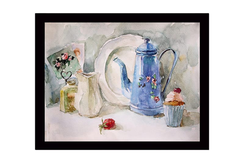 Inramad Canvastavla i trä - 41x56 cm - Vacker dukning med en blå kanna och bakverk, Blå / Vit / Grön
