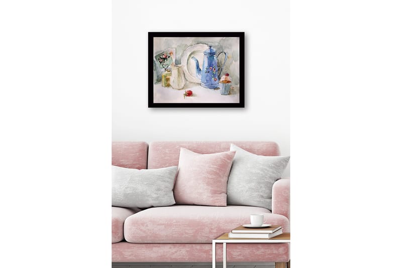 Inramad Canvastavla i trä - 41x56 cm - Vacker dukning med en blå kanna och bakverk - Blå / Vit / Grön - Inredning - Tavlor & posters - Canvastavla