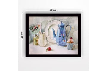 Inramad Canvastavla i trä - 41x56 cm - Vacker dukning med en blå kanna och bakverk - Blå / Vit / Grön - Inredning - Tavlor & posters - Canvastavla