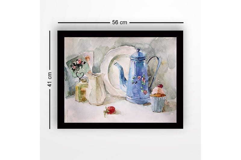 Inramad Canvastavla i trä - 41x56 cm - Vacker dukning med en blå kanna och bakverk - Blå / Vit / Grön - Inredning - Tavlor & posters - Canvastavla