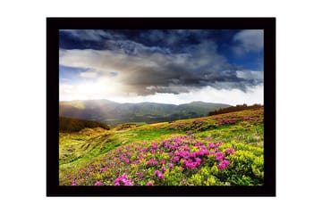 Inramad Canvastavla i trä - 41x56 cm - Vacker fjällandskap med blomstrande ängar - Grön / Rosa / Blå - Inredning - Tavlor & posters - Canvastavla