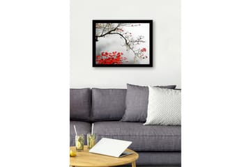 Inramad Canvastavla i trä - 41x56 cm - Vacker gren med röda höstlöv mot en dimmig bakgrund - Röd / Grå / Brun - Inredning - Tavlor & posters - Canvastavla