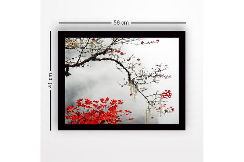 Inramad Canvastavla i trä - 41x56 cm - Vacker gren med röda höstlöv mot en dimmig bakgrund - Röd / Grå / Brun - Inredning - Tavlor & posters - Canvastavla